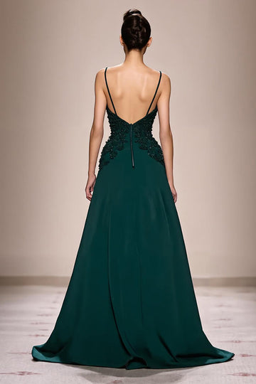 Dark Green A Line Satin Ruched  Appliqued Long Formal Dress